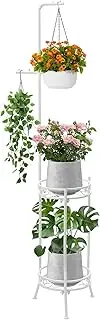 CZWL&HG Hanging Plant Stand Adjustable 2-Tier 72" Metal Shelf -Tall Indoor/Outdoor Plant Rack with Hangers for 4 Potted Flowers, Corner Shelf for Living Room & Patio (White)