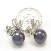 14k White Solid Gold Diamond; Blue Genuine Cultured Pearl Stud Earrings TPJ
