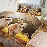 GHBNK Quilt Set 3-Piece - Ultra-Soft Thickened Bedding Set, Cute Corgi Dog Bedspread + 2 Pillowcases, Lightweight Double-Sided Quilt Cover for Home/Hotel/Gifts 90"x90"