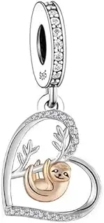 [Mon & Sons] Sloth Rose Gold Mother Daughter I Love You Heart Charm Pet Animal Charm Bead Pendant 925 Sterling Silver Dangle Compatible With Pandora Charm Bracelet, Metal