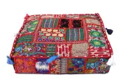 18x18" Indian Handmade Square Red Patchwork Home Decorative Floor Cushion Covers
