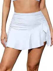 [SHEKINI] Women High Waisted Ruched Swim Skirt Tummy Control Side Split Bikini Skorts Bathing Suit Bottoms with Pocket
