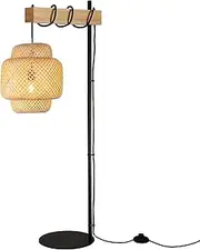[SUNLLOK] Boho Rattan Floor Lamp for Living Room, Industrial Bamboo Cake Lampshade, Wooden Floor Lamp with Foot Switch, Modern Black Braided High Light for Kitchen, Island, Bedroom, Office