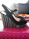 New Tory Burch Classy Wedge Polka Dot Black Platform Shoes NIB Peep Toe 9.5