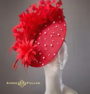 Bridal Hat Faux Pearl Red Cream Holiday Breeders Cup Fascinator Kentucky Derby