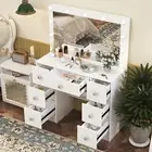 Storage 7 Drawers Vanity Table Set LED Lighted Mirror Makeup Desk Dressing Table
