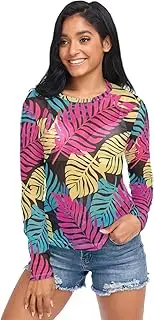 [RPLIFE] Tropical Leaves Pink Long Sleeve Mesh Tops for Women, Sheer Tops S-XXL