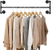 UNHO Wall Mounted Clothes Rail, Industrial Pipe Clothes Rail Metal Garment Hanging Rail Super Stable Wall Clothes Hanger Rack for Bedroom Living Room Kitchen 109x35x31cm Hold up to 50KG