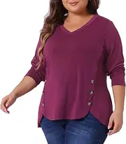 [Agnes Orinda] Plus Size Long Sleeve Tunic Tops for Women V Neck Loose T Shirt Button Side Swing Blouses Shirts