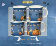 Kathy Hatch Halloween Party Boo To You Stoneware Mug Set Oneida Sakura Blue NIB
