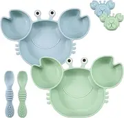 PandaEar 2 Pack Silicone Suction Plate for Baby, Divided Unbreakable Toddler Food Plate with 2 Pack Spoons for Self Feeding, Toddler Utensils Feeding Set Baby Eating Supplies, Crab Shape (Blue&Green)