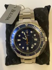 BULOVA MEN'S MARINE STAR SILVER BOLD BLUE DIAL DATE WATCH 98B130