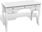 Wooden Office Table Desk with 5 Drawers and Curved Legs for Home Work, Computer, Adjustable Monitor Stand - French Style White Desk