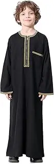[IMEKIS] Kid Boys Arab Islam Thobe Button Down Stripe Print Muslim Robe Long Sleeve Solid Color Tobe Kaftan Dubai Style Ethnic Clothes