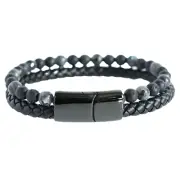 Charcoal Bead And Black Leather Bracelet with Stainless Steel Magnetic Clasp