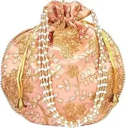 [Purpledip] Potli Bag (Clutch, Drawstring Purse) For Women With Intricate Gold Thread & Sequin Embroidery Work