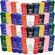 OJMHD 40 Pcs Christian Plastic Coffee Cups with Lids, Colorful Tumbler Bulk, 16 OZ Travel Coffee Mugs for Women Bible Verse Appreciation Thank You Gift