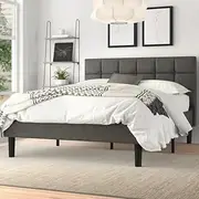 Zinus Classic Upholstered Geometric Square Stitched Headboard Fabric Queen Bed Frame Mattress Support Foundation - Wooden Slats Wood - Dark Grey