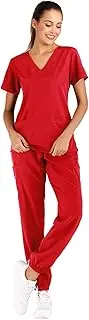 [Minty Mint] Women's Solid Stretch Medical Uniform Scrub Set V Neck Top Cargo Tapered Jogger Pants Red L