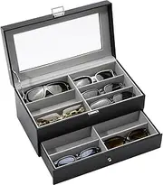 [12 Slots] ProCase Sunglasses Organizer for Women Man, PU Leather Eyeglass Eyewear Storage Display Case, 2-Layer with Drawer and Glass Lid, Glasses Collector Box -Black