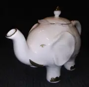 Ceramic Elephant Teapot White & Gold 18 oz Trunk Up "NEW"