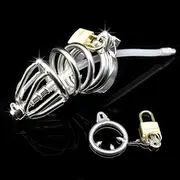 SAHOOSAFETY Metal Chastity Cage Men With Silicone Dilator CBT Cock Ring With Spikes Stainless Steel Penis Cage For Men Penis Plug Toys(48mm)
