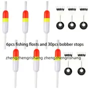 6Pcs Fishing Bobbers Bobber +30Pcs Rubber Float Line Sinker Stops Space Bean