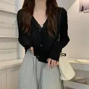 Plain Lettuce Edge Cardigan Black - One Size