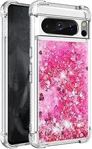 Shockproof Phone Case for Google Pixel 8 Pro with Liquid Quicksand Glitter & Floating Hearts, 4-Corner Reinforced Dual-Layer TPU Cover, SSD-Certified Safe Phone Protector (Pink)
