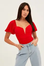 Red Bodysuit Short Sleeve V Notched Front Mesh Jersey - Size S, Women's Bodysuit