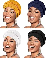 [SATINIOR] 4 Pieces African Women Turban Cap Beaded Headscarf Beanie Twisted Braid Wrap Hat Faux Pearl Headwrap