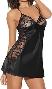 [ZPLxi] Women's V Neck Lingeries Spaghetti Strap Lace Slip Dress Mesh Floral Print Sexy Chemise Sleepwear Bodysuit Nightgowns