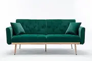 63" Green Velvet Couch, Tufted Loveseat Sofa, Convertible Futon Sofa Bed, Accent Sofa Recliner, Golden Metal Legs, 2 Couch Pillows, Mid Century Modern Sofas for Home Living Room Bedroom