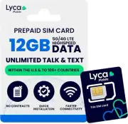 Lycamobile Prepaid SIM Card 12GB 4G/5G Unlimited Data-Talk,Text to 100 Countries