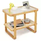 2-Tier Bamboo Bedside Table w/ Glass Top End Table PE Rattan Shelf Nightstand