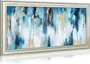 [WALLSUP DECOR] Abstract Colorful Picture Painting Canvas - Blue & Gold Wooden Frame Art Wall Artwork Modern River Printing with Foils for Home Dining Room