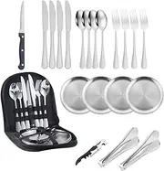 20-Piece Stainless Steel Cutlery Set - 4 Knives, 4 Forks, 4 Spoons, Fruit Knife, Multi-Function Opener, 4 Plates & 2 Tongs | Durable Camping & Picnic Tableware | Dishwasher-Safe & Rustproof, Gift Box