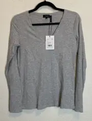 NWT $140 Theory LARGE Isakal Long Sleeve V Neck Jersey Knit T Shirt Light Gray