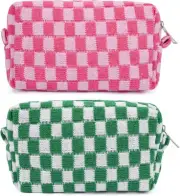 2 Pieces Makeup Bag Pouch Checkered Cosmetic Bag Pink Green, Travel Toiletry Bag