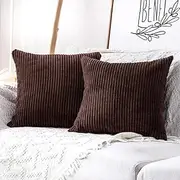 MUDILY Pack of 2 Soft Striped Corduroy Christmas Decorative Square Throw Pillow Covers Set Cushion Cases Pillowcases for Sofa Bedroom Car, Brown 18 x 18 inch 45 x 45 cm