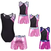 Kids Girls Metallic Ballet Dance Gymnastics Leotard Unitard with Shorts Outfits