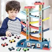 Gliding Car Toy Toddler Toys Car Ramp Toy Race Track Car Gifts Zig Zag Car Slide with 6 Ramps 8 Mini Cars- Racing Car Toys for Kids Boys Girls 3 4 5 6