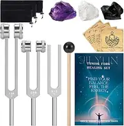 Tuning Forks for Healing (128Hz, 256Hz, 512Hz)- Weighted & Unweighted Sound Healing Instruments for Yoga, Meditation & Chakra Balancing - with Obsidian, Amethyst & Clear Quartz Crystals, Gift Box