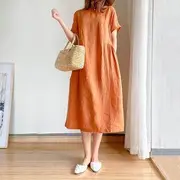 Short-Sleeve Round Neck Plain Midi A-Line Dress Tangerine - L