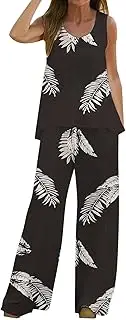 [Generic] Girls Jumpsuit Women 2 Piece Outfits Boho Casual Printed Vest Sleeveless Top Loose Wide Leg Pants Trousers Two Piece Set Suit Pin Striped Suit for Women