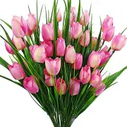 8 Bundles Outdoor Artificial Tulips Fake Flowers UV Resistant Faux Light Pink