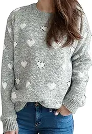 Women's Pullover Sweaters Long Sleeve Cute Multi-Hearts Knitted Casual Sweater Fall Casual Crew Neck Jumper Tops