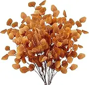 Sggvecsy 6 Pcs Fall Eucalyptus Leaves Artificial Eucalyptus Stems Long Silver Dollar Leaves Autumn Leaf Branches Fake Silk Eucalyptus for Christmas Home Autumn Festival Thanksgiving Decor(Orange)