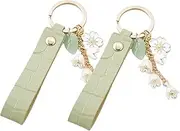 [Xolixorium] 2Pcs Lily of The Valley Key Chain - 1.7x18cm Leather Keyring with Grass Green Strap & Gold Clasp, Car/Handbag Accessories