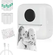 Mini Thermal Printer, Portable Wireless Bluetooth Inkless Printer, Compatible with Android/iOS, Pocket Printer for Memo, DIY, Photo with 5 Rolls of Thermal Paper and 5 Rolls of Stickers (White-X5)